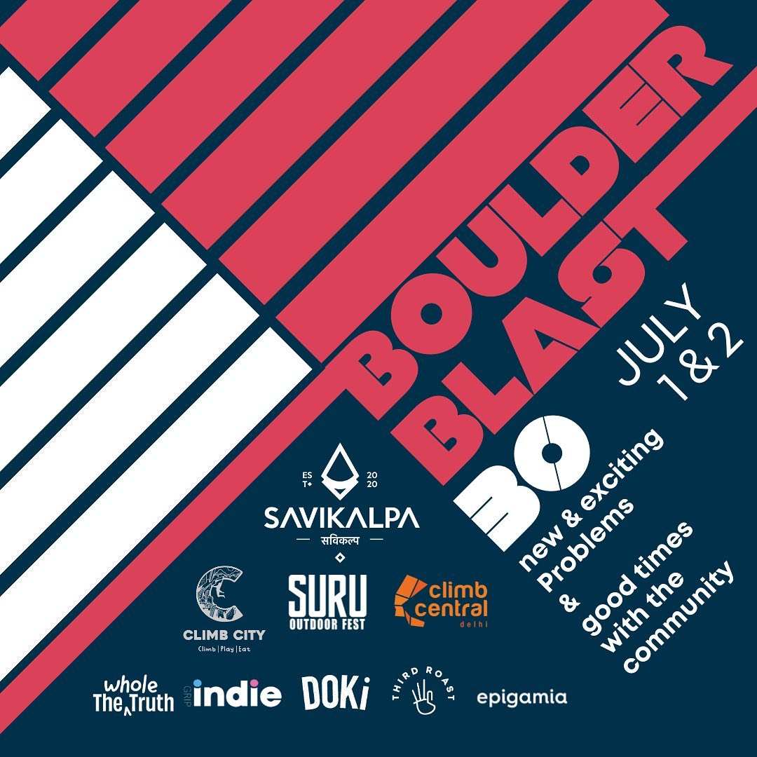 Promotional graphic for Boulder Blast competitin in July featuring logos of sponsors, one of them being Savikalpa