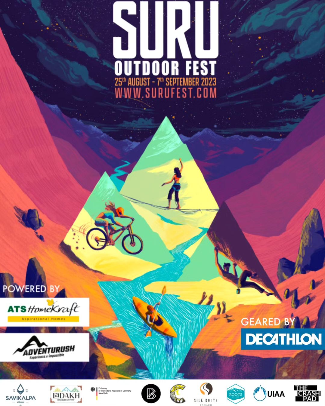 Suru Outdoor Fest promotional poster showcasing adventure sports and sponsors, August 2023