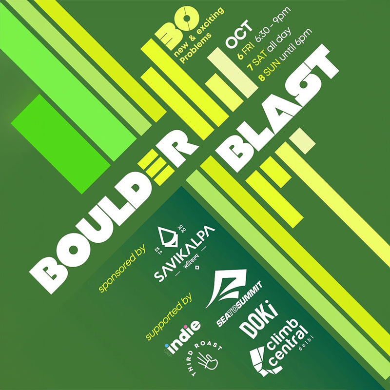 A green promotional poster for the 'Boulder Blast' climbing competition, featuring event detailsm sponsored by Savikalpa