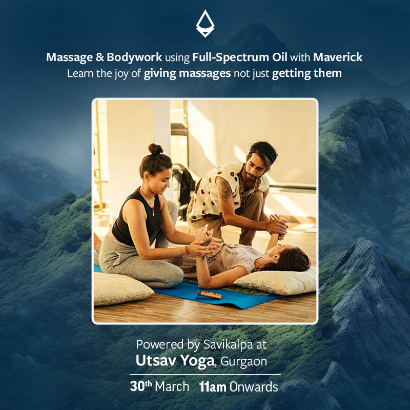 Promotional poster of Learning Massage and bodywork workshop with Maverick at Utsav yoga Gurgaon, powered by Savikalpa