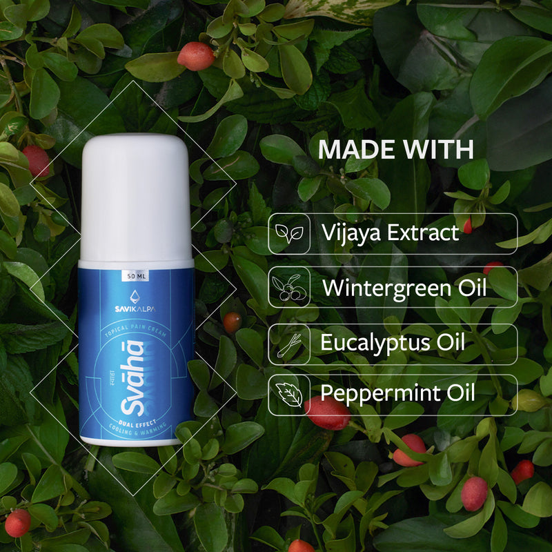 Svaha, a pain cream by Savikalpa, on a bed of its ingredients, including cannabis, wintergreen, eucalyptus, and peppermint.