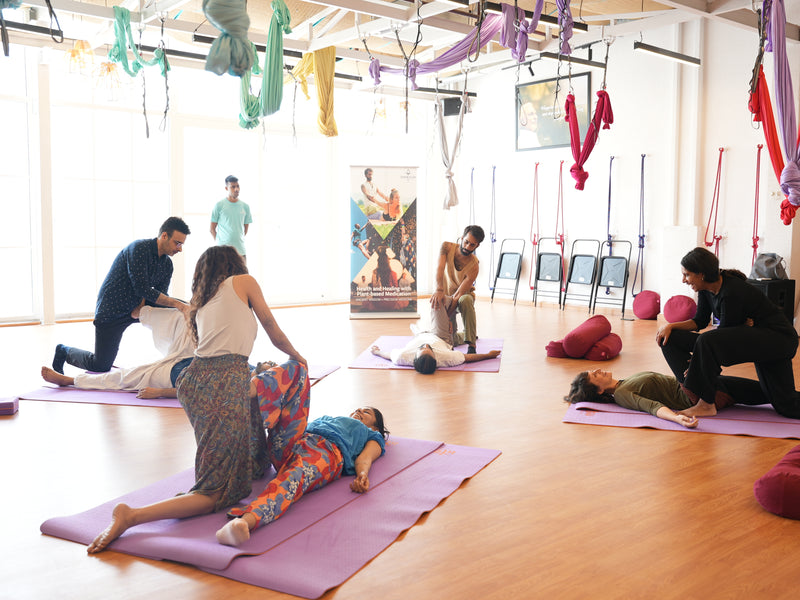 People in a massage and stretching workshop inside a bright yoga studio at a bodywork workshop sponsored by Savikalpa