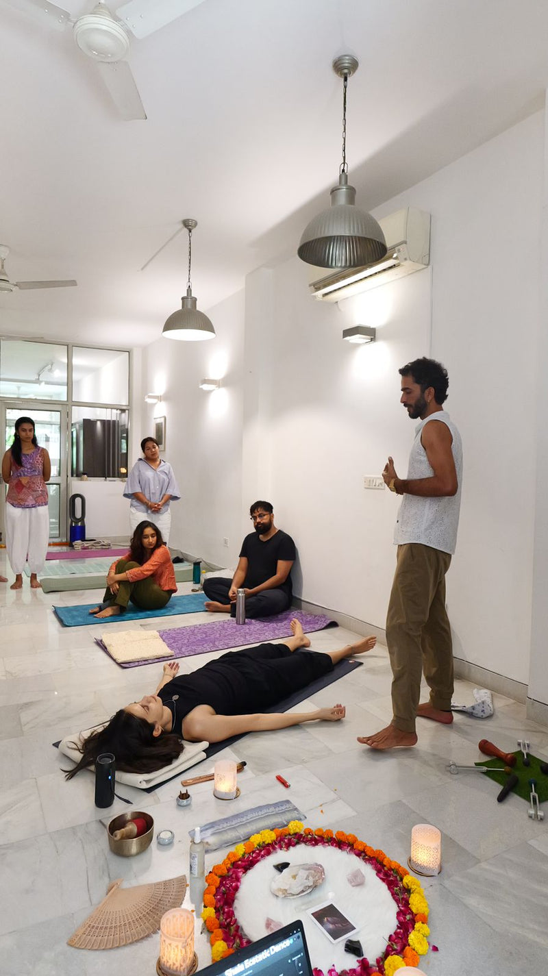 Mav teaching breathwork and bodywork at Shala Delhi