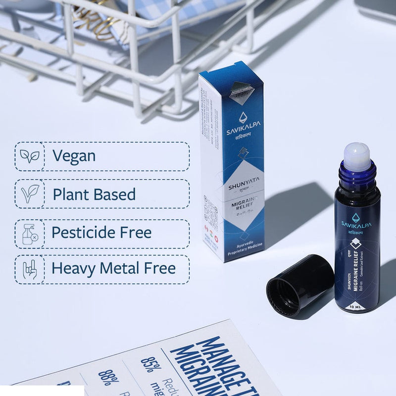 Shunyata Migraine Relief Roll-On highlighting certifications: Vegan, Plant-Based, Pesticide-Free, Heavy Metal-Free