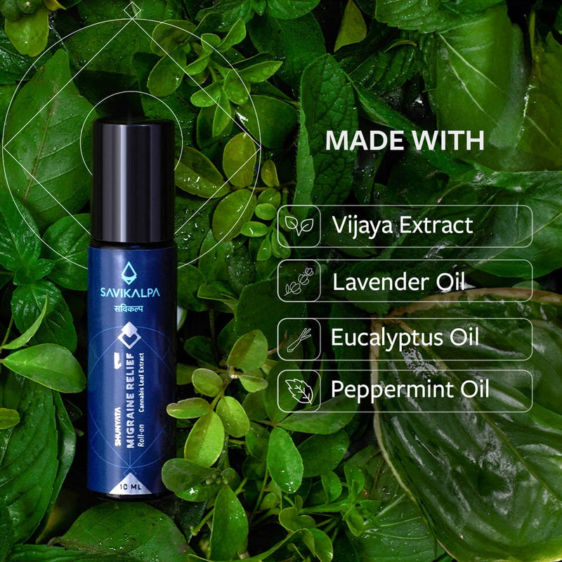 Shunyata Migraine Relief Roll-On with ingredients: Vijaya Extract, Lavender Oil, Eucalyptus Oil, Peppermint Oil